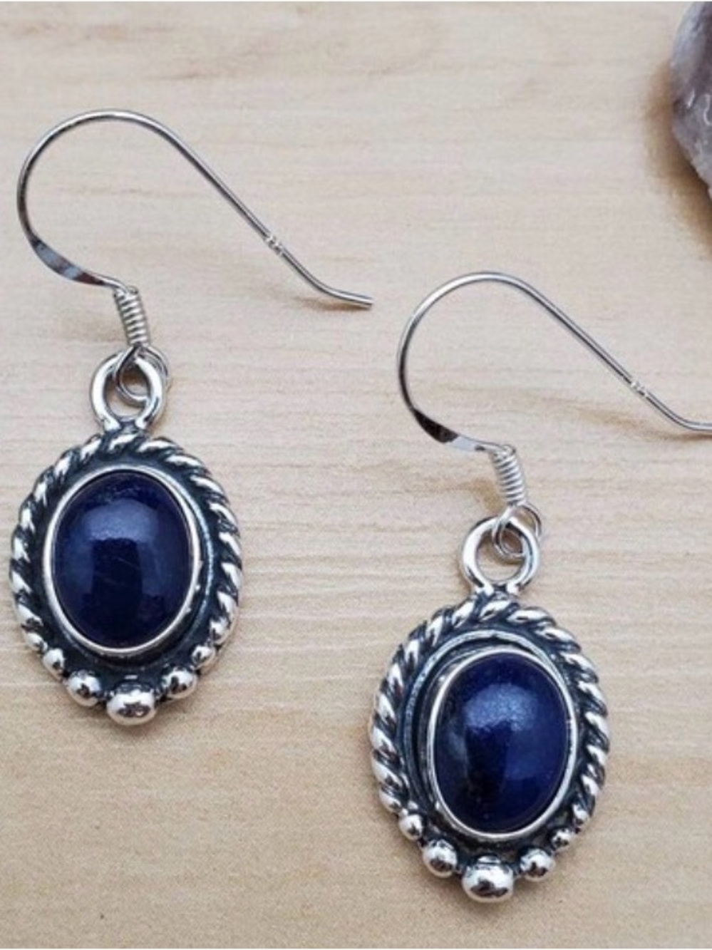 Silver Drop Earrings with Navy Cabochon lapis lazuli